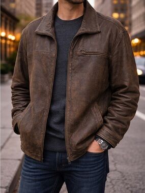 Men's Dark Brown Leather Bomber Jacket
